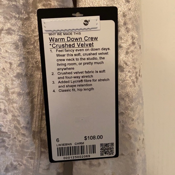 Lululemon Warm Down Crew Crushed Velvet - Size 6 - Picture 5 of 5